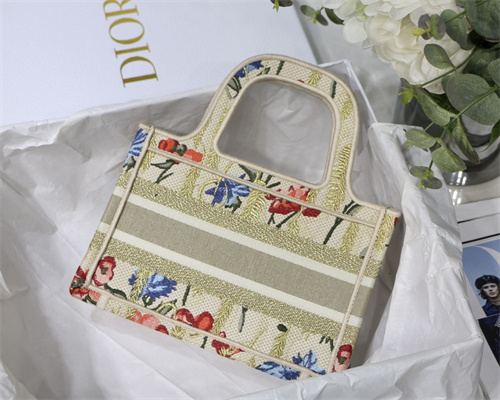 CD Mini Book Tote Hibiscus Embroidery Beige Multicolor