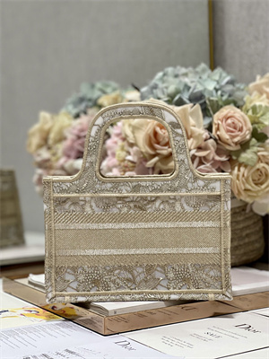 CD Mini Book Tote Gold Tone D-Lace Embroidery With Macrame Effect