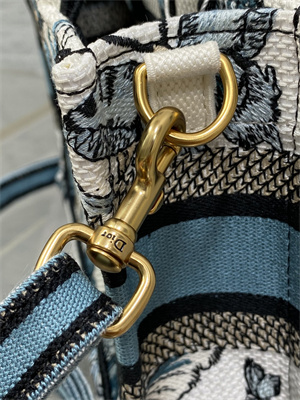 CD Mini Book Tote With Strap Toile de Jouy Mexico Embroidery White and Pastel Midnigiht Blue