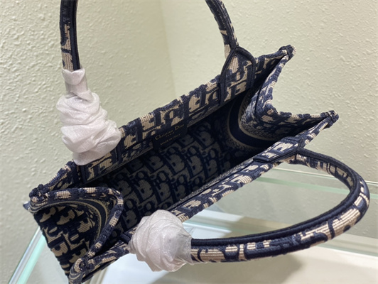 CD Small Book Tote Ecru and Blue Oblique Embroidery