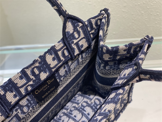 CD Small Book Tote Ecru and Blue Oblique Embroidery