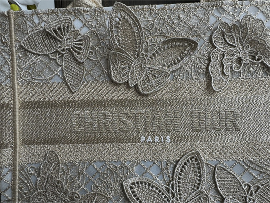 CD Small Book Tote Beige D-Lace Butterfly Embroidery With Macrame Effect