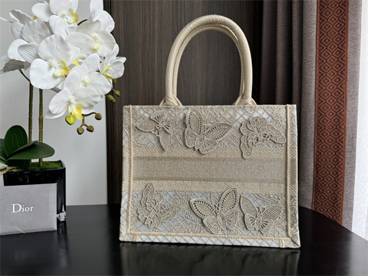 CD Small Book Tote Beige D-Lace Butterfly Embroidery With Macrame Effect