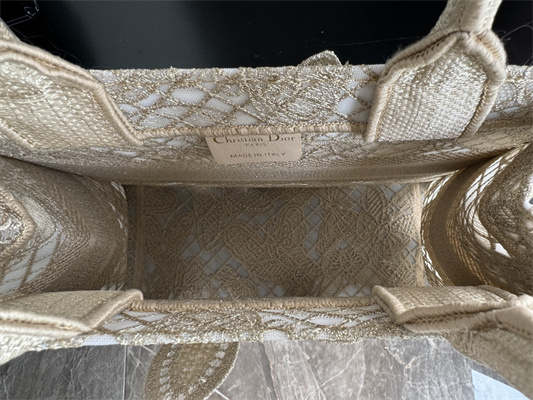 CD Small Book Tote Beige D-Lace Butterfly Embroidery With Macrame Effect