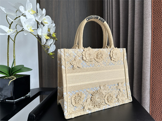 CD Small Book Tote Beige D-Lace Flowers Embroidery With Macrame Effect