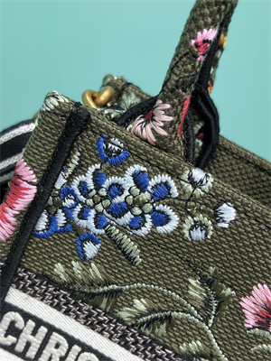 CD Mini Vertical Di.or Book Tote With Strap Petites Fleurs Embroidery Kaki Green Multicolor