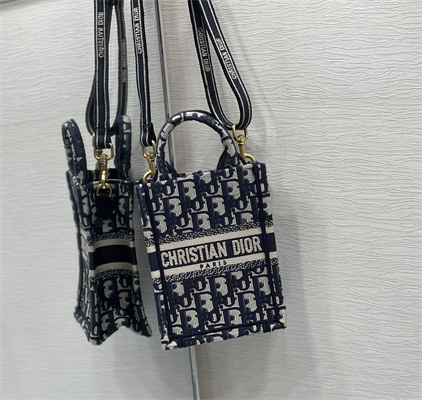 CD Mini Vertical Di.or Book Tote With Strap Blue Oblique Embroidery