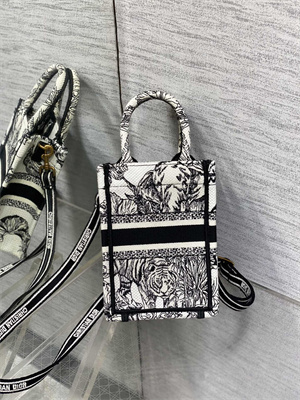 CD Mini Vertical Di.or Book Tote With Strap Voyage Toile de Jouy Embroidery White and Black