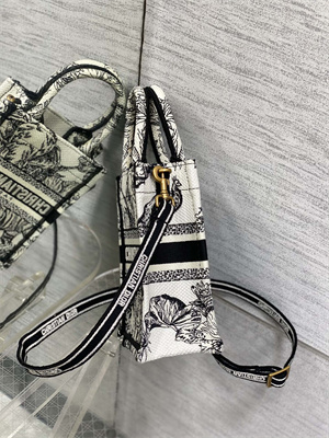 CD Mini Vertical Di.or Book Tote With Strap Voyage Toile de Jouy Embroidery White and Black