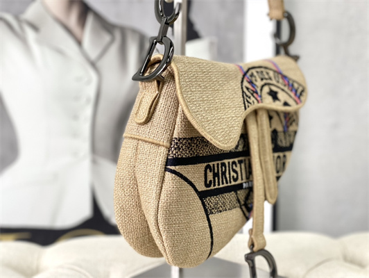 cd saddle bag jute canvas embroidery with D*or union motif beige color