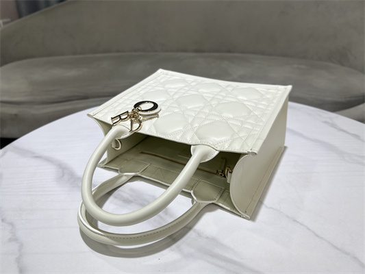 CD Small Book Tote With Strap Macrocannage Calfskin White