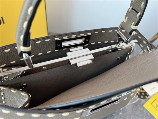 Fen.di Peekaboo Iconic ISeeU Medium Bag Cuoio Romano Leather Dk Grey Color With Topstitches