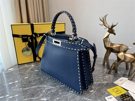 Fen.di Peekaboo Iconic ISeeU Medium Bag Cuoio Romano Leather Blue Color With Topstitches