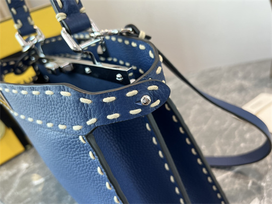 Fen.di Peekaboo Iconic ISeeU Medium Bag Cuoio Romano Leather Blue Color With Topstitches