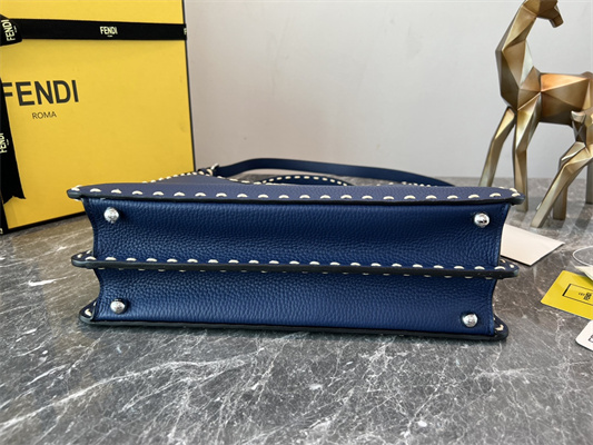 Fen.di Peekaboo Iconic ISeeU Medium Bag Cuoio Romano Leather Blue Color With Topstitches