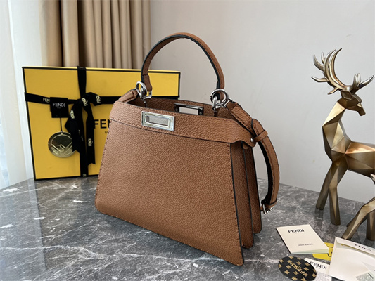 Fen.di Peekaboo Iconic ISeeU Medium Bag Cuoio Romano Leather Brown Color With Topstitches