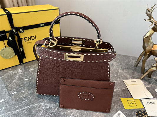 Fen.di Peekaboo Iconic ISeeU Medium Bag Cuoio Romano Leather Burgundy Color With Topstitches