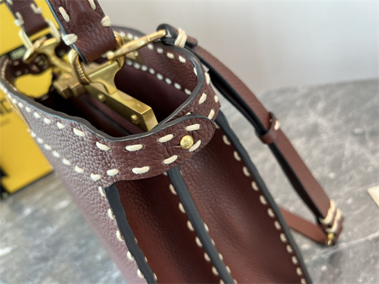 Fen.di Peekaboo Iconic ISeeU Medium Bag Cuoio Romano Leather Burgundy Color With Topstitches