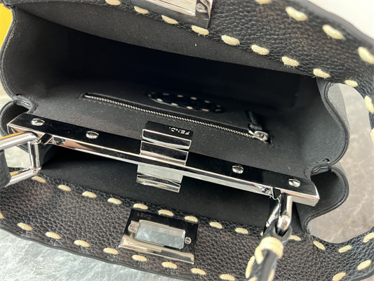 Fen.di Peekaboo Mini Bag Cuoio Romano Leather Black Color With Topstitches