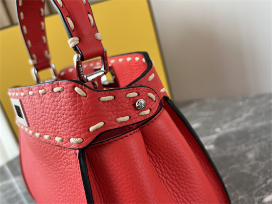 Fen.di Peekaboo Mini Bag Cuoio Romano Leather Red Color With Topstitches