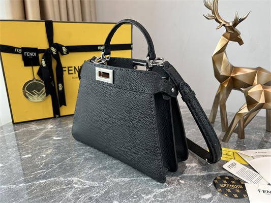 Fen.di Peekaboo Iconic ISeeU Small Bag Cuoio Romano Leather Black Color With Topstitches