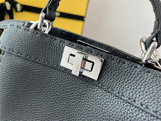 Fen.di Peekaboo Iconic ISeeU Small Bag Cuoio Romano Leather Black Color With Topstitches