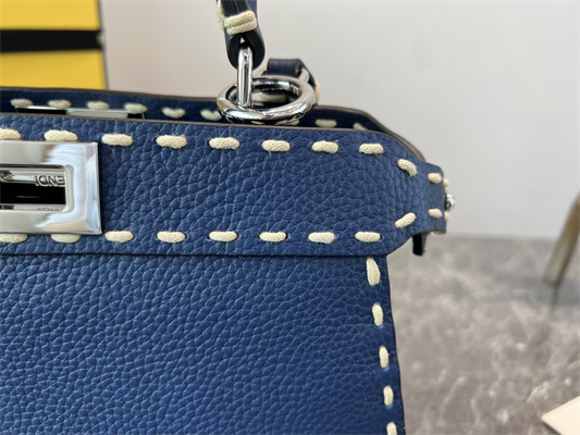Fen.di Peekaboo Iconic ISeeU Small Bag Cuoio Romano Leather Dk Blue Color With Topstitches
