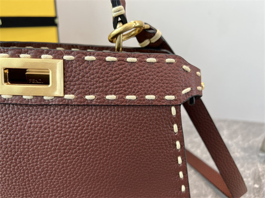 Fen.di Peekaboo Iconic ISeeU Small Bag Cuoio Romano Leather Burgundy Color With Topstitches