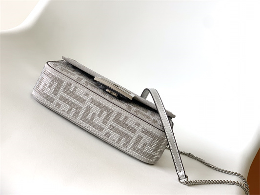 Fen.di BAGUETTE Mini Silver Leather Bag With Crystal FF Motif