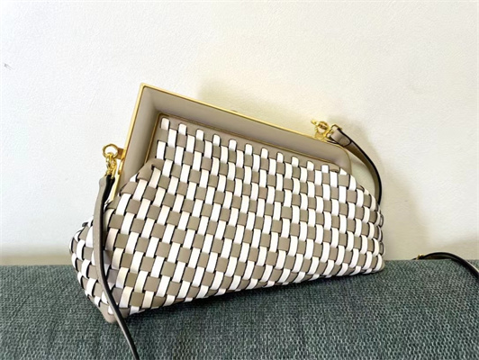 Fen.di FIRST SMALL White and Dove Grey Interlaced Leather Bag