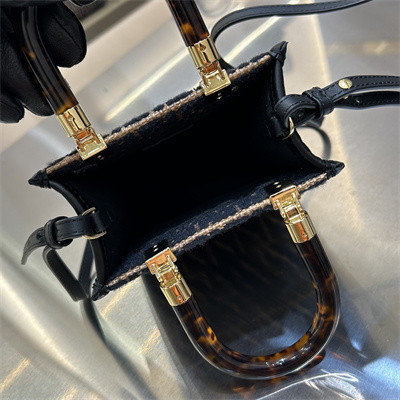 Fen.di MINI SUNSHINE SHOPPER Natural Straw Bag With Black FF Embroidery