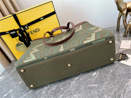 Fen.di Peekaboo X-Tote FF Embroidery Canvas Kaki Green Color