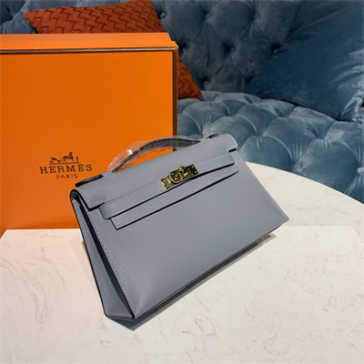 Kelly Pochette Bag Epsom Leather Gold/Silver hardware In Bleu Lin Color HS
