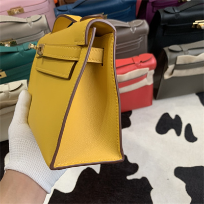Kelly Pochette Bag Swift Leather Gold/Silver hardware In Jaune Amber Color HS