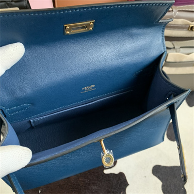 Kelly Pochette Bag Swift Leather Gold/Silver hardware In Deep Blue Color HS