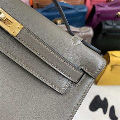 Kelly Pochette Bag Swift Leather Gold/Silver hardware In Etain Color HS