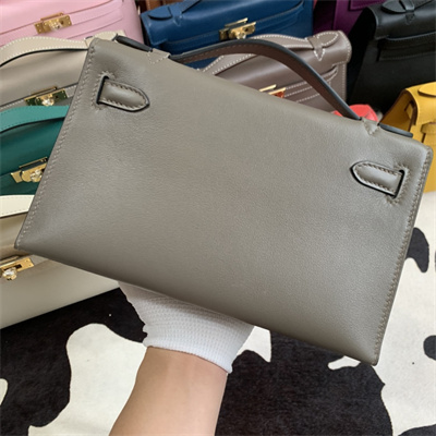 Kelly Pochette Bag Swift Leather Gold/Silver hardware In Etain Color HS