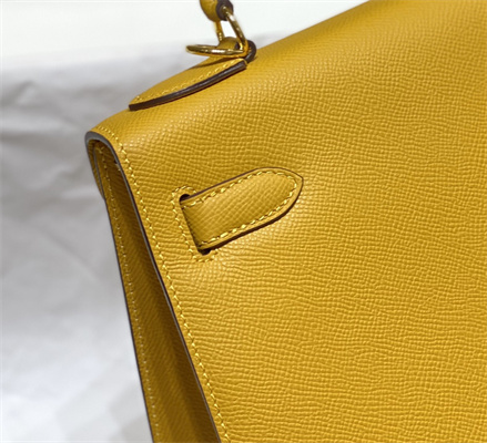 Kelly Sellier Bag Epsom Leather 25/28CM Gold/Silver Hardware In Jaune Amber Color