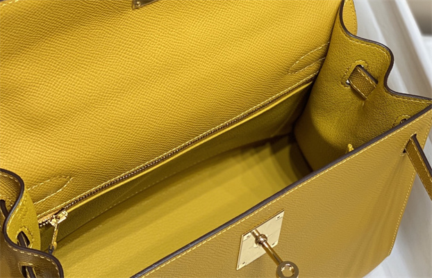 Kelly Sellier Bag Epsom Leather 25/28CM Gold/Silver Hardware In Jaune Amber Color