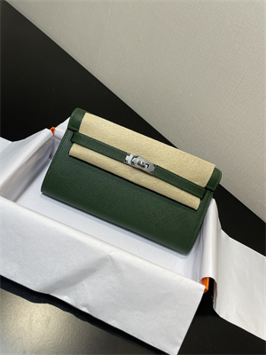 Kelly Classique To Go wallet Epsom Leather Silver Tone Metal In Vert Anglais Color HS