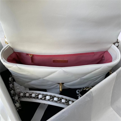 Ch*el 19 large handbag lambskin gold double c metal white as1161