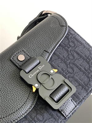 Di.or Mini Saddle Messenger Bag With Flap Black Oblique Jacquard With Grained Calfskin