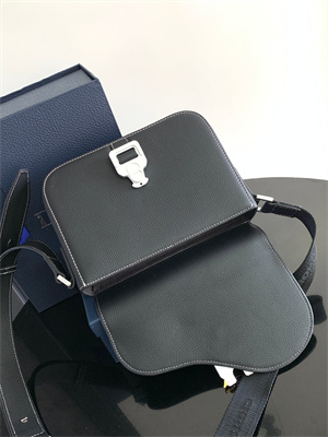 Di.or Small Saddle Messenger Bag With Flap Black Grained Calfskin