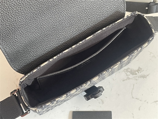 Di.or Small Saddle Messenger Bag With Flap Beige and Black Oblique Jacquard With Black Grained Calfskin