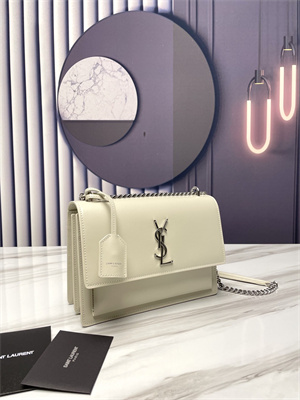 Y.S.L Sunset MEDIUM Bag In Smooth Leather Silver Tone Metal White Color