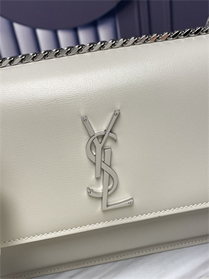 Y.S.L Sunset MEDIUM Bag In Smooth Leather Silver Tone Metal White Color