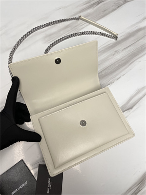 Y.S.L Sunset MEDIUM Bag In Smooth Leather Silver Tone Metal White Color