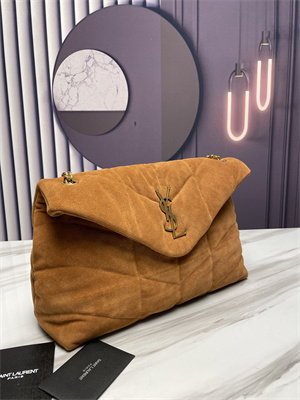 Y.S.L PUFFER MEDIUM In Suede Leather Gold Tone Metal Caramel Color