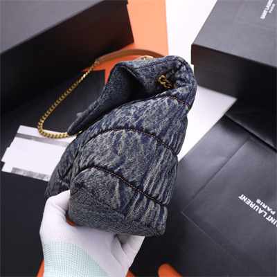 Y.S.L PUFFER SMALL In Black Denim Fabric Gold Tone Metal