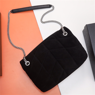 Y.S.L PUFFER SMALL In Suede Leather Silver Tone Metal Black Color